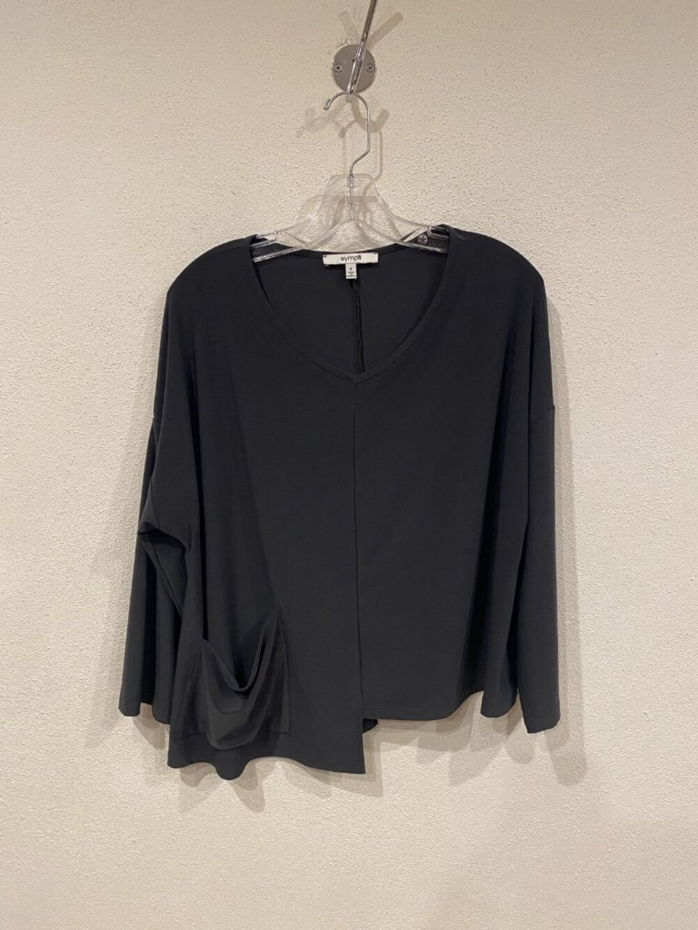 Sympli Etch Tunic Shirt Womens 8 Black Jersey V Neck Long Sleeve Asymmetrical - Picture 2 of 4